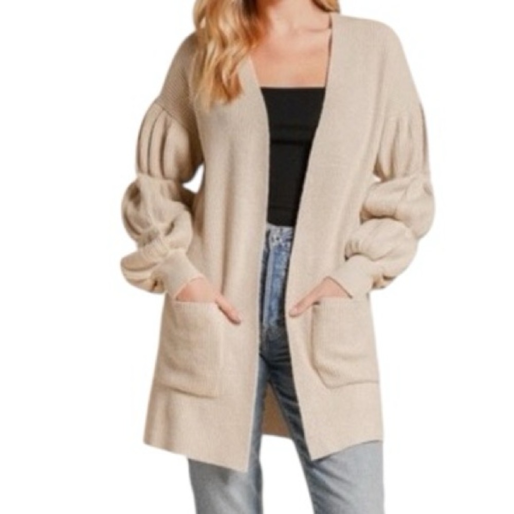 Hem & Thread tan Ribbed Cardigan Sweater with balloon sleeves size  Large NWT